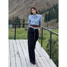 批发高级感chic套装<b class='q'>女</b>韩版收腰条纹衬衫休闲阔腿裤气质<b class='q'>两件套</b>早秋穿搭