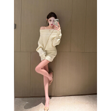 批发纯欲风一字肩毛衣套装女秋季新款<b class='q'>长袖</b>针织上衣半身短<b class='q'>裙</b>气质两件套