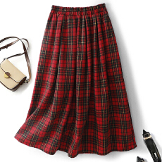 批发氛围感红色撞色格子格纹百褶a字中长款羊毛复古学院<b class='q'>半身裙</b>