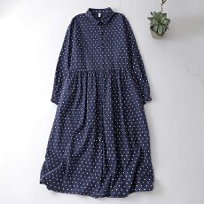 批发2026春秋纯棉<b class='q'>波点</b><b class='q'>连衣裙</b>女复古中长衬衫裙子