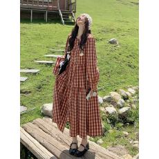 批发法式复古<b class='q'>格子</b><b class='q'>连衣裙</b>女2026春秋季新款设计感超好看显瘦气质长裙