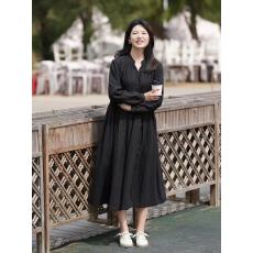 批发2026春秋文艺<b class='q'>亚麻</b>立领长袖<b class='q'>连衣裙</b>黑色宽松大码显瘦通勤女