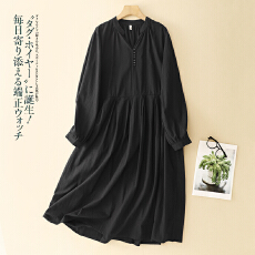 批发2026春秋文艺<b class='q'>亚麻</b>立领长袖<b class='q'>连衣裙</b>黑色宽松大码显瘦通勤女