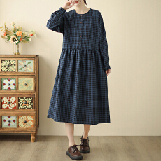 批发2026日系复古格子<b class='q'>长</b>袖连衣裙女春秋季减龄宽松<b class='q'>裙子</b>休闲<b class='q'>长</b><b class='q'>裙</b>