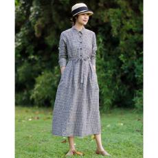 批发2026春秋高端棉麻女装连衣裙文艺减龄休闲系带格子长裙