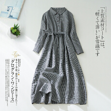 批发2026春秋<b class='q'>高端</b>棉麻女装<b class='q'>连衣裙</b>文艺减龄休闲系带格子长裙