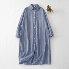 批发2026春秋装棉麻宽松中长款过膝长袖百搭休闲<b class='q'>条纹</b>衬衫裙