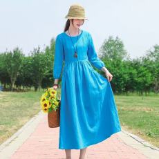 批发2026春秋新款文艺纯色棉麻<b class='q'>连衣裙</b>女装收腰显瘦圆领<b class='q'>九分袖</b>气质长裙