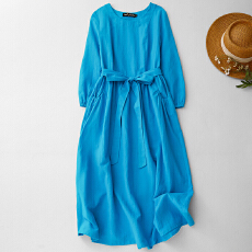 批发2026春秋新款文艺纯色棉麻<b class='q'>连衣裙</b>女装收腰显瘦圆领<b class='q'>九分袖</b>气质长裙