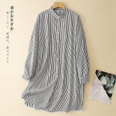 批发2026春秋新款宽松蝙蝠袖中长款休闲<b class='q'>条纹</b>衬衫