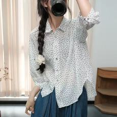 批发2026韩版文艺宽松大码开衫<b class='q'>衬衣</b>减龄百搭七分袖<b class='q'>波点</b>纯棉<b class='q'>衬衫</b>女春秋