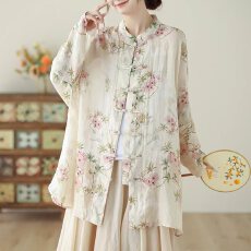 批发2026新中式国风印花盘扣上衣新款春秋季女复古薄款中长款衬衫