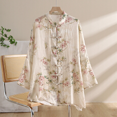 批发2026新中式国风印花盘扣上衣新款春秋季女复古薄款中长款衬衫