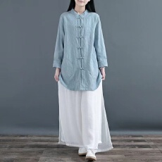 批发2026棉麻提花中长款立领盘扣薄开衫外搭女春秋文艺衬衫中国风