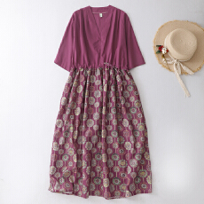 批发2026春夏新款<b class='q'>亚麻</b>印花拼色文艺旅行长款连衣裙