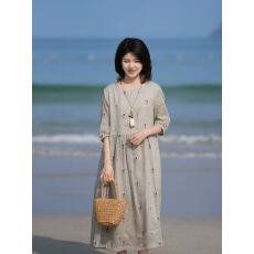 批发2026春夏新款高端棉麻印花文艺大摆<b class='q'>宽松</b>中长<b class='q'>连衣裙</b>圆领袍子