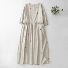 批发新中式印花<b class='q'>连衣裙</b>女2026春夏季高端文艺减龄国风棉麻长裙