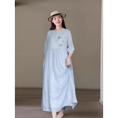 批发2026刺绣苎麻<b class='q'>连衣裙</b>女春夏新款清凉透薄蓝色文艺长裙
