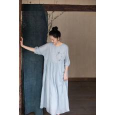 批发2026刺绣苎麻<b class='q'>连衣裙</b>女春夏新款清凉透薄蓝色文艺长裙