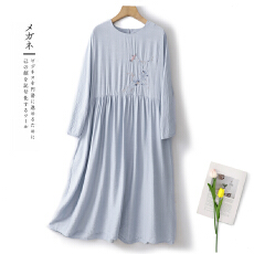 批发2026刺绣苎麻<b class='q'>连衣裙</b>女春夏新款清凉透薄蓝色文艺长裙