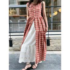 批发2026春夏新款韩版红色收腰显瘦气质长裙温柔无袖格子<b class='q'>连衣裙</b>女