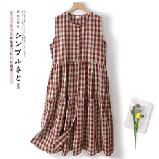 批发2026春夏新款韩版红色收腰显瘦气质长裙温柔无袖格子<b class='q'>连衣裙</b>女