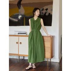 批发2026春夏新款中古感纯色收腰系带显瘦无袖宽松<b class='q'>连衣裙</b>