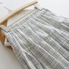 批发2026法式浪漫文艺泡泡棉格子浅蓝白底拼接<b class='q'>半身裙</b>女中长裙夏