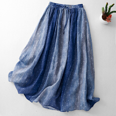 批发2026春夏新款<b class='q'>棉麻</b>a字波点长裙渐变印花飘逸薄大摆亚麻<b class='q'>半身裙</b>