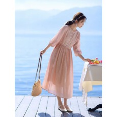 批发2026春夏新款刺绣七分袖棉麻大摆<b class='q'>连衣裙</b>女装气质裙子