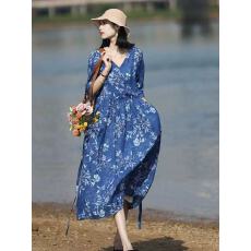 2026春夏新款轻奢苎麻和服式连衣裙印花过膝宽松复古蓝色花裙子