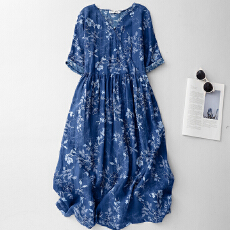 批发2026春夏新款轻奢苎麻和服式<b class='q'>连衣裙</b><b class='q'>印花</b>过膝宽松复古蓝色花裙子