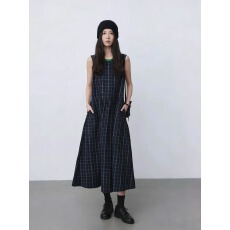 批发2026新款法式复古撞色格纹<b class='q'>连衣裙</b>无袖背心长裙夏季