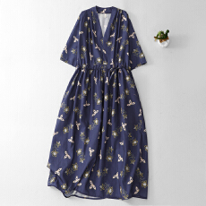 批发2026春夏季新款苎麻波点印花文艺气质<b class='q'>连衣裙</b>