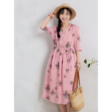 批发2026春夏新款苎麻印花旅行文艺海边度假长款连衣<b class='q'>裙</b>