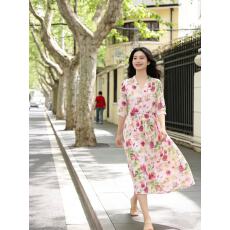 批发2026春夏新款苎麻印花海边草原旅行浪漫优雅长款连衣<b class='q'>裙</b>