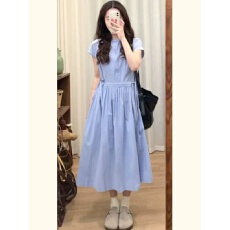 批发法式蓝色短袖衬衫连衣<b class='q'>裙</b>女夏季新款高级感大方得体收腰显瘦长<b class='q'>裙</b>子