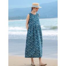 批发2026夏新款<b class='q'>亚麻</b>印花连衣裙文艺宽松显瘦大摆裙减龄碎花无袖背心裙