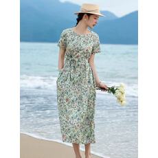 批发2026新款圆领短袖<b class='q'>亚麻</b>印花连衣裙文艺气质减龄收腰系带碎花中<b class='q'>长裙</b>