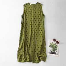 批发2026春夏季新款<b class='q'>亚麻</b>波点通勤气质减龄文艺圆领无袖连衣<b class='q'>长裙</b>子女