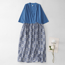 批发2026春夏新款<b class='q'>亚麻</b>印花拼色文艺旅行长款连衣裙