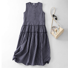 批发2026新款法式复古文艺风仲夏蓝格纹木耳边收腰连衣裙背心<b class='q'>长裙</b>