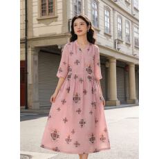 批发2026春夏新款苎麻印花旅行文艺海边度假长款连衣裙