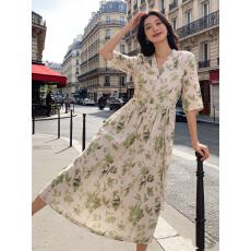 批发2026春夏新款苎麻印花海边草原旅行浪漫优雅长款连衣裙