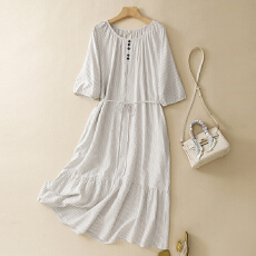 批发2026春夏季新款文艺慵懒高档亚麻宽松条纹连衣裙