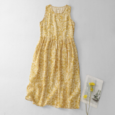 批发2026夏季黄碎花u领背心裙女新款多巴胺无袖收腰<b class='q'>长裙</b>