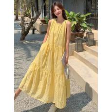 批发<b class='q'>韩版</b>无袖连衣裙女2026夏季新款宽松度假风格子背心连衣裙女