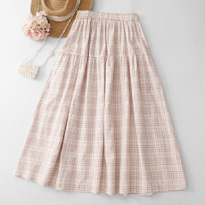 批发2026法式小众细粉色格子半身裙女夏季泡泡棉布裙子拼接