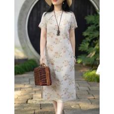 批发2026春夏新品苎麻印花连衣裙女<b class='q'>复古</b>风立领改良旗袍长款气质裙