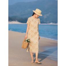 批发2026新中式改良旗袍<b class='q'>复古</b>文艺民国风气质中长款印花苎麻连衣裙